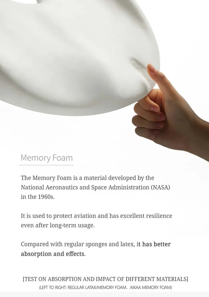 Hand holding a white memory foam pad with text about its development and properties.