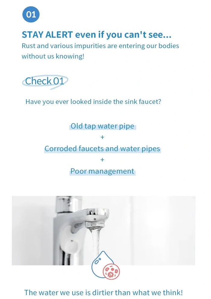 An informational graphic with text about checking sink faucets and a small photo of a running faucet with water dripping into a container.