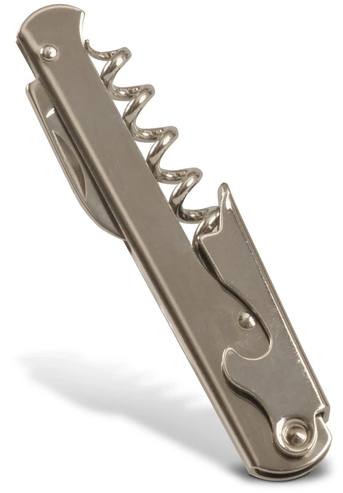 A silver metal waiter's corkscrew with a foil cutter and worm screw, designed for removing corks from bottles.