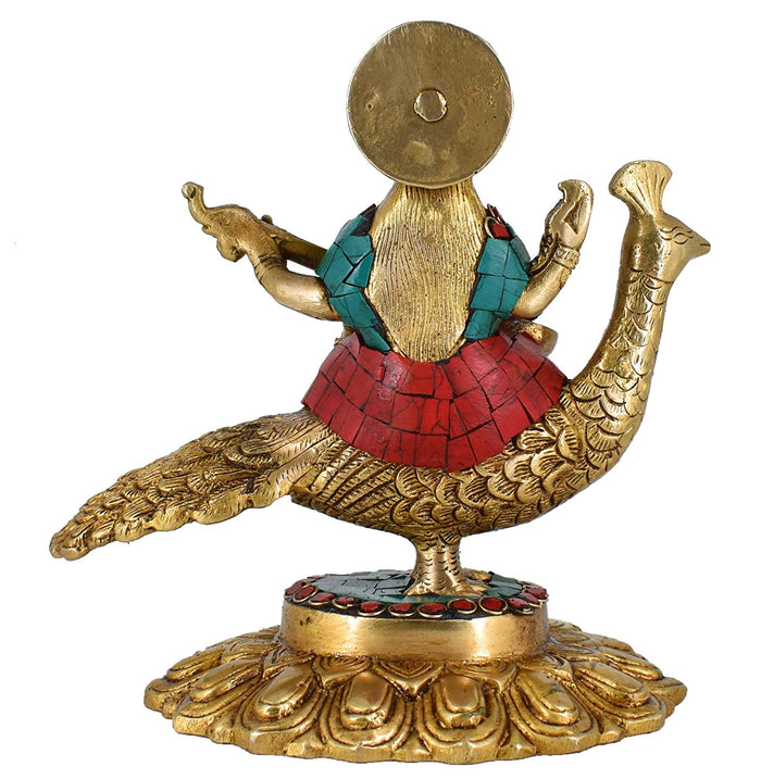 White Whale Maa Saraswati Sitting On Peacock Brass Statue With Multicolor Stone Work Religious Goddess Sculpture Idol Home Décor