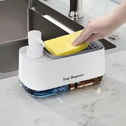 4-in-1 hand and dish soap dispenser set with sponge holder in white

Dual liquid soap dispenser for kitchen sink countertop

Dish soap dispenser with sponge included for kitchen use

White kitchen soap dispenser set with storage holder

Modern soap dispenser for bathroom and kitchen countertops