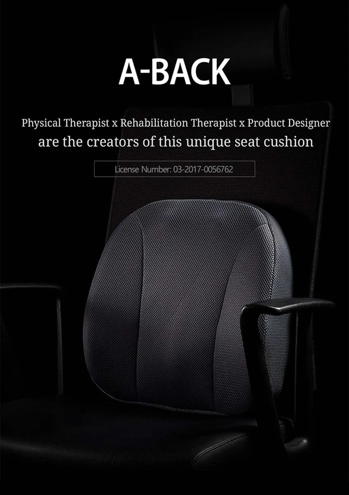 Gray seat cushion with 'A-Back' branding on a dark background