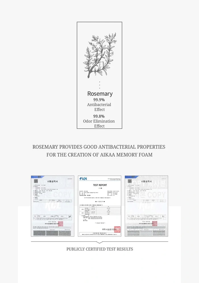 Advertisement for Aikaa memory foam with rosemary benefits and certification tests on a white background