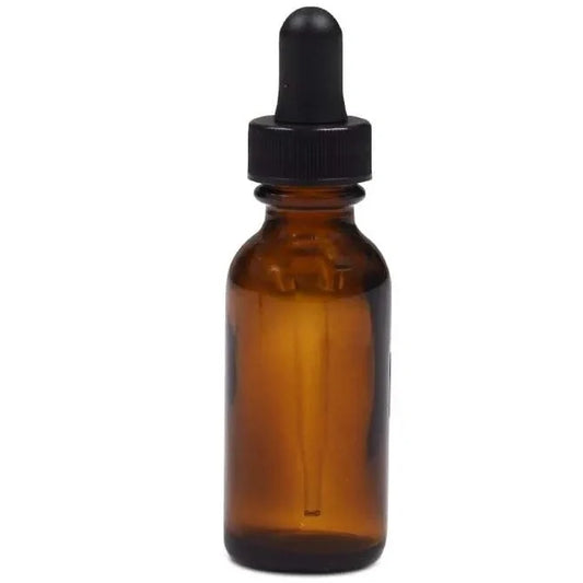 2oz Amber Glass Dropper Bottle shot on white silo background.