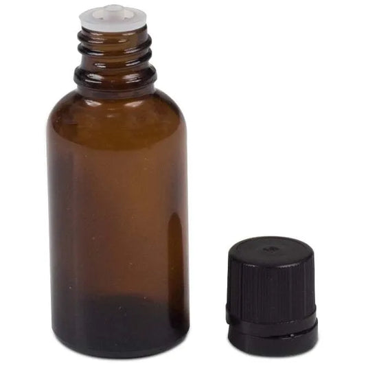 Amber Glass Euro Dasher Bottle with Cap shown on white silo background.