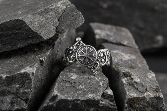 vkngjewelry Ring Handcrafted Ring With Helm Of Awe Symbol And Wolf Ornament Sterling Silver Viking Jewelry