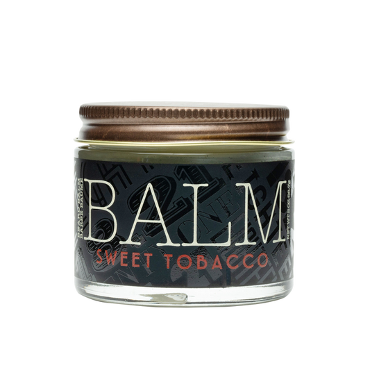 Jar of balm labeled 'Sweet Tobacco' on a white background