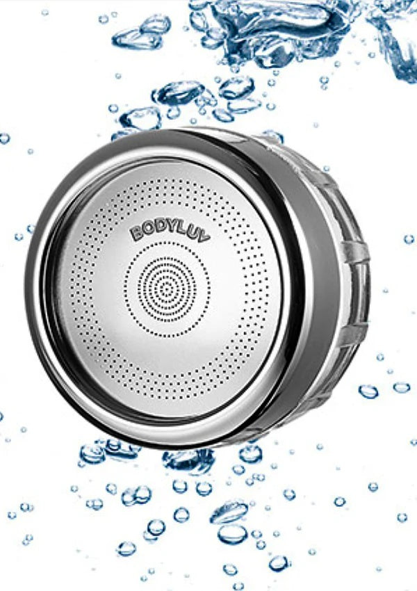 A round silver metallic personal water sports device with the brand name 'BODYLUV' printed on the front, surrounded by water droplets and bubbles on a white background.