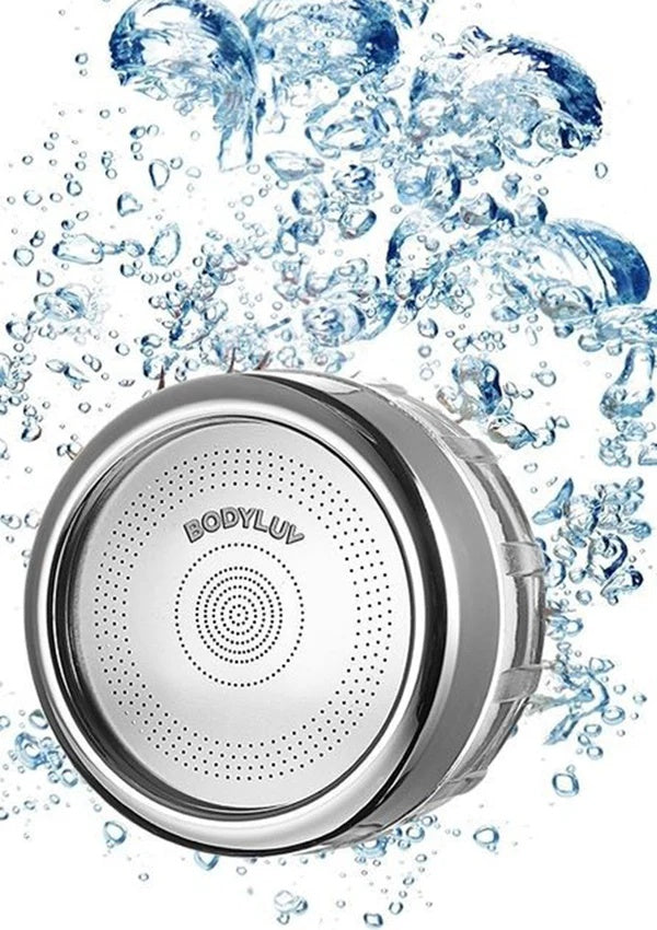 A round silver waterproof speaker with the brand name 'BODYLUY' printed on the front, surrounded by splashing blue water on a white background.