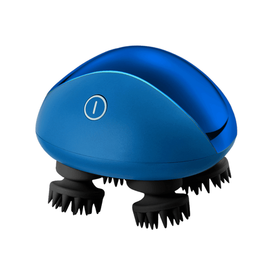 Breo Scalp Mini Massager in blue. Portable electric scalp massager for hair growth and relaxation. Featuring power button.
