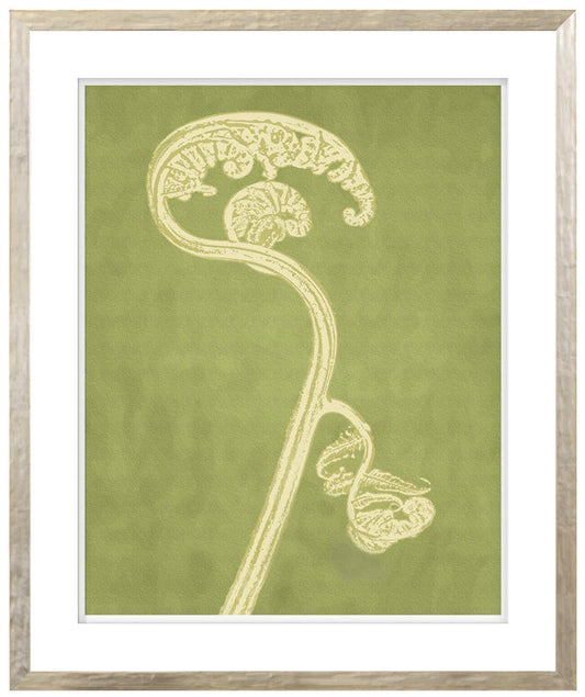 A framed artwork featuring a stylized green plant with a contemporary silver profile and raised matte detail.