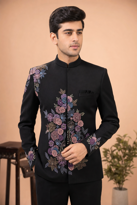 Classic Black Floral Embroidered Jodhpuri Suit for Men