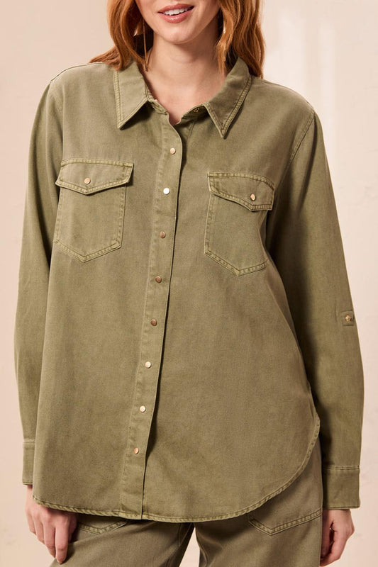 CLASSIC DENIM SHIRT W/ROLL UP SLEEVES-OLIVESTONE