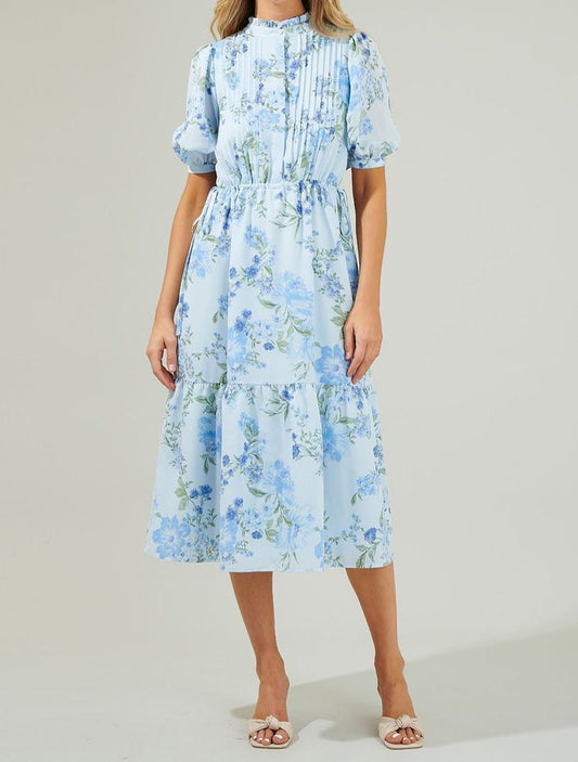 Light blue floral pleated midi dress with puff sleeves front view
