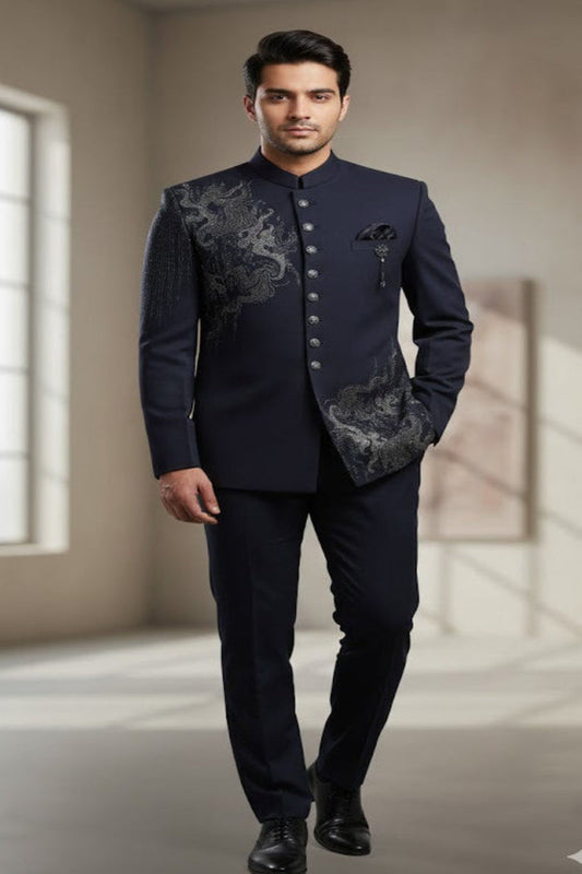 Exclusive Navy Partywear Bandhgala Jacket with Artistic Embroidery