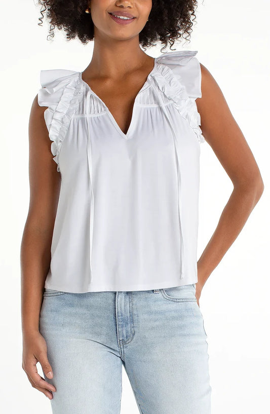 Flutter Sleeve Knit to Woven Top w/ Ties
