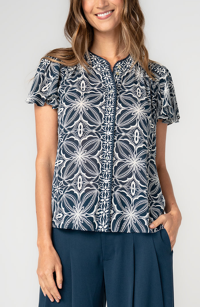 Flutter Sleeve Mix Print Button Front Woven Top