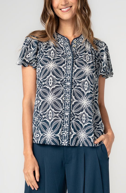 Flutter Sleeve Mix Print Button Front Woven Top