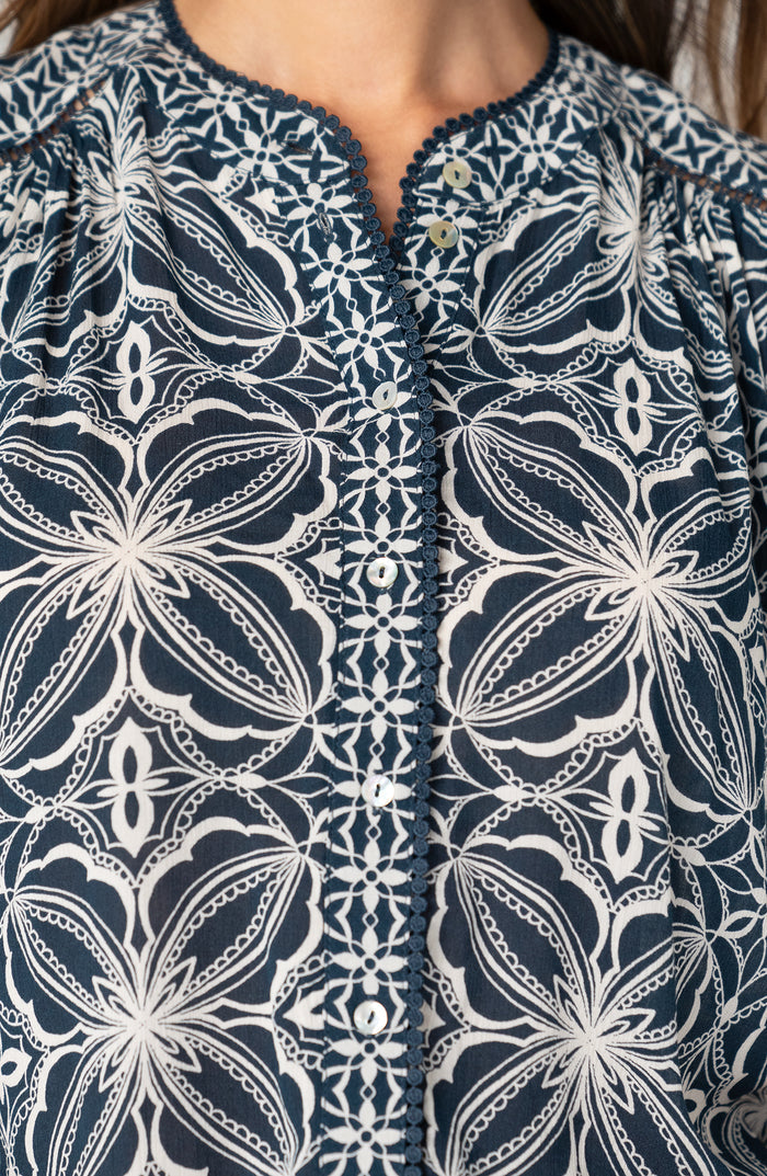 Flutter Sleeve Mix Print Button Front Woven Top