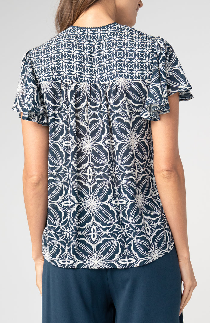 Flutter Sleeve Mix Print Button Front Woven Top