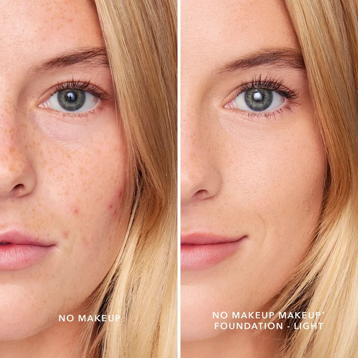 A split screen image of a woman before and after applying FlexShade Foundation by No Makeup Makeup in Light