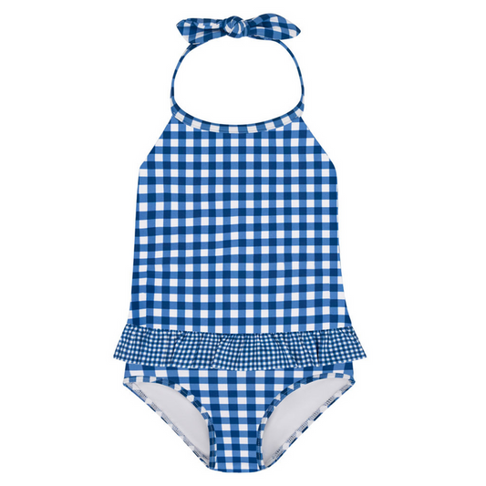 girls navy picnic gingham ruffle halter one piece
