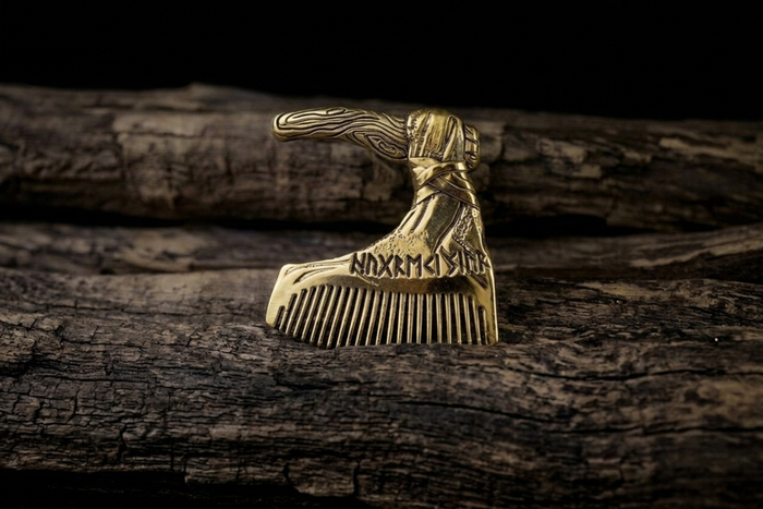 vkngjewelry Comb Handcrafted Axe with Elder Futhark Solid Brass Beard Comb