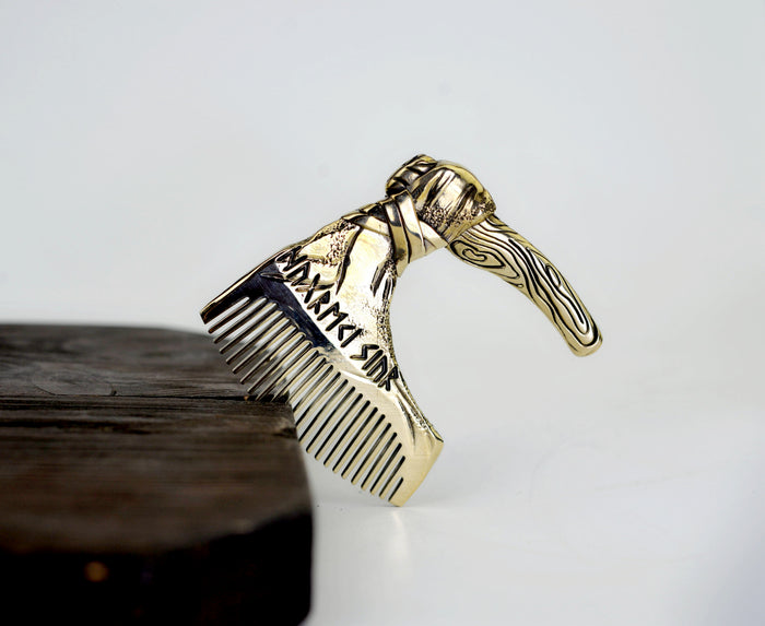vkngjewelry Comb Handcrafted Axe with Elder Futhark Solid Brass Beard Comb