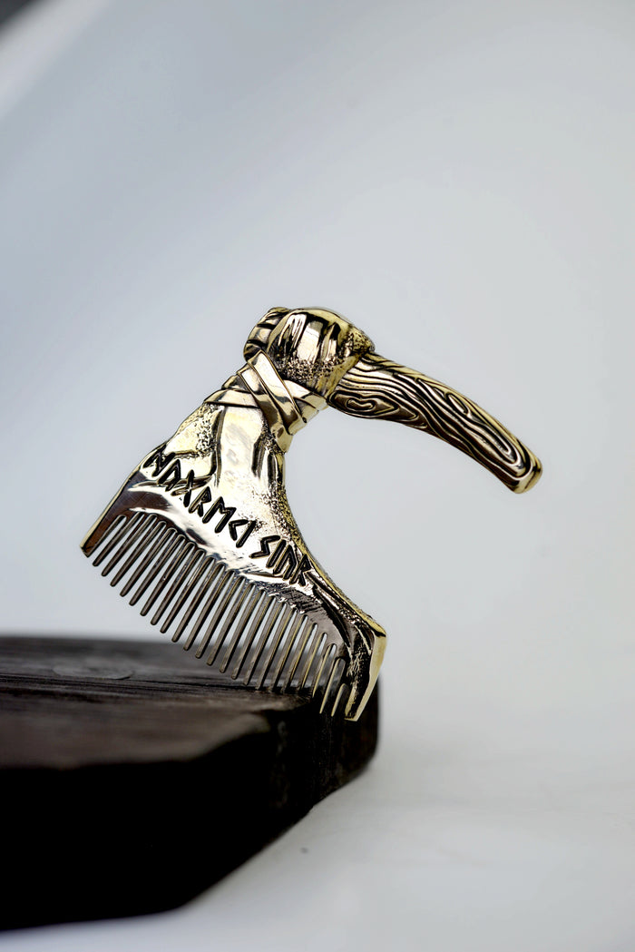 vkngjewelry Comb Handcrafted Axe with Elder Futhark Solid Brass Beard Comb
