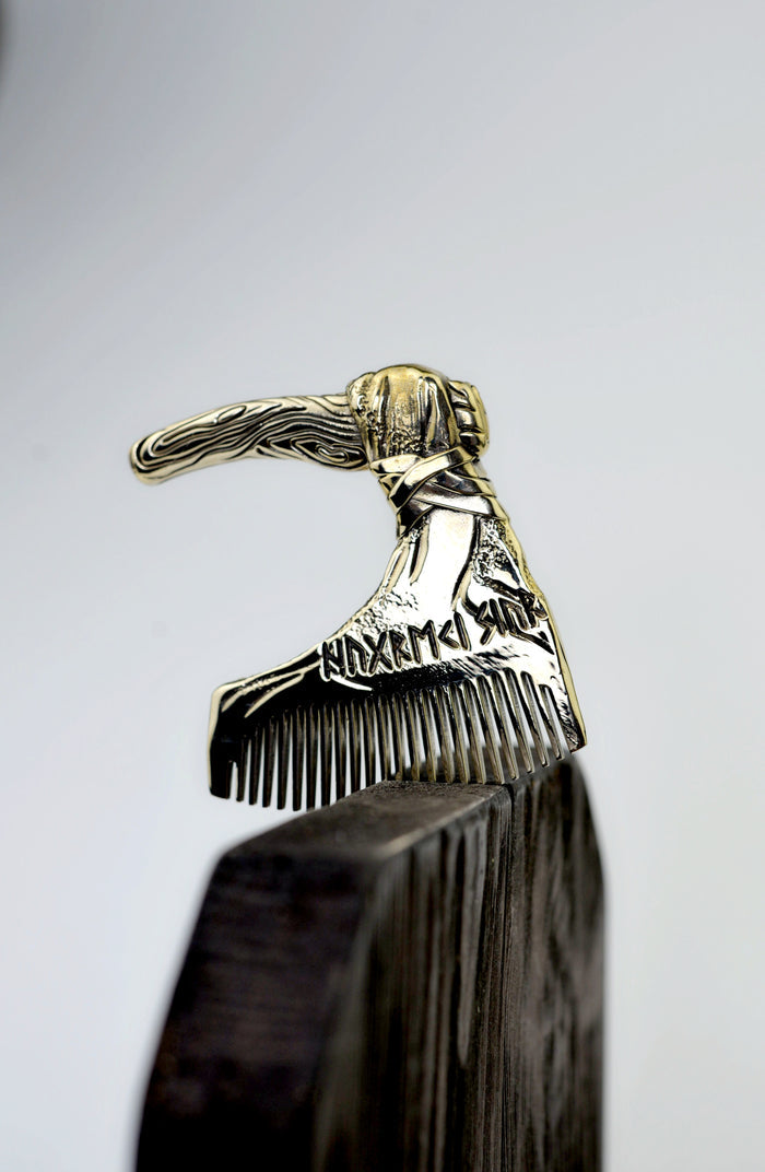 vkngjewelry Comb Handcrafted Axe with Elder Futhark Solid Brass Beard Comb