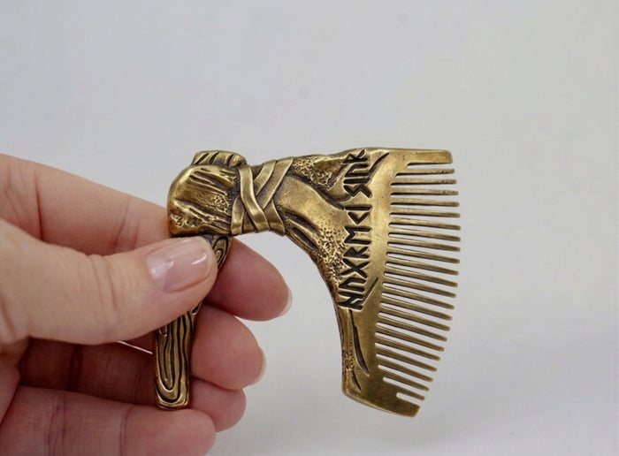vkngjewelry Comb Handcrafted Axe with Elder Futhark Solid Brass Beard Comb