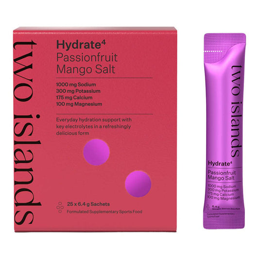 Two Islands Hydrate4 Passionfruit Mango Salt packaging and sachet on a white background.