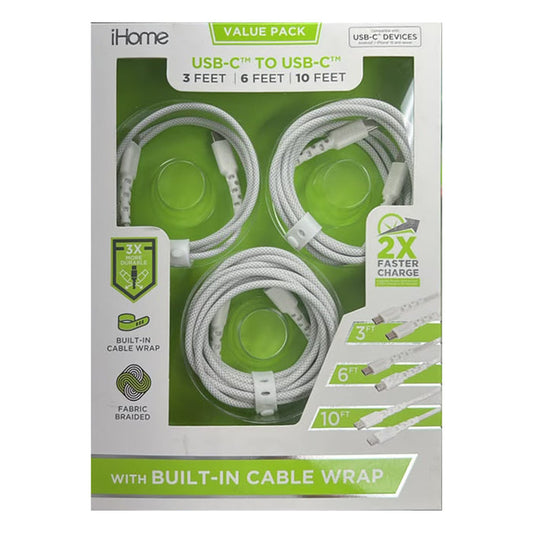 iHome USB-C to USB-C Cable Value Pack - 3ft, 6ft and 10 ft - 3 Pack