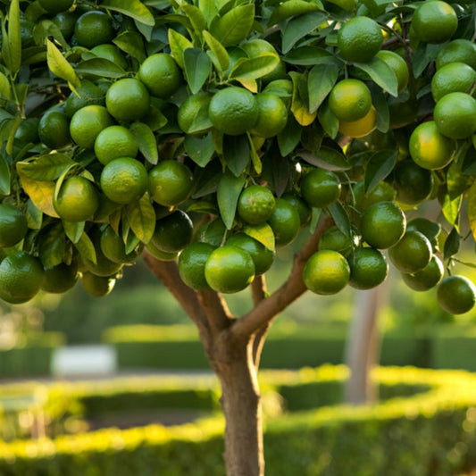 Close-up of Key Lime Tree leaves showing glossy citrus foliage, smooth texture, and developing green fruit on the branch