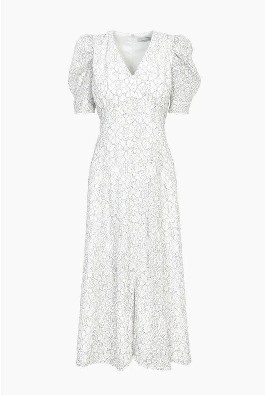 Lacey white lace puff sleeve midi dress with V-neck and contrast lace detail