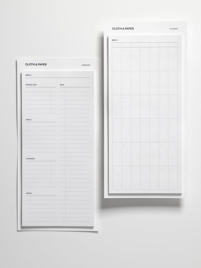 Calendar and Overview sticky note layouts side by side showing full-page monthly planning designs