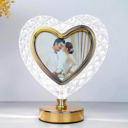 LED Crystal Heart Shaped Rotating Photo Frame Lamp | Touch Dimming Bedside Light