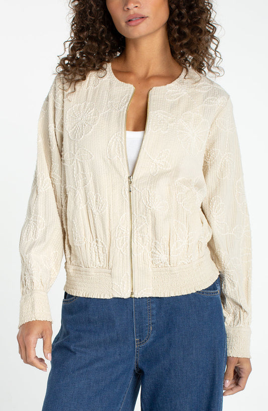 Long Sleeve Collarless Jacket w/ Smocking