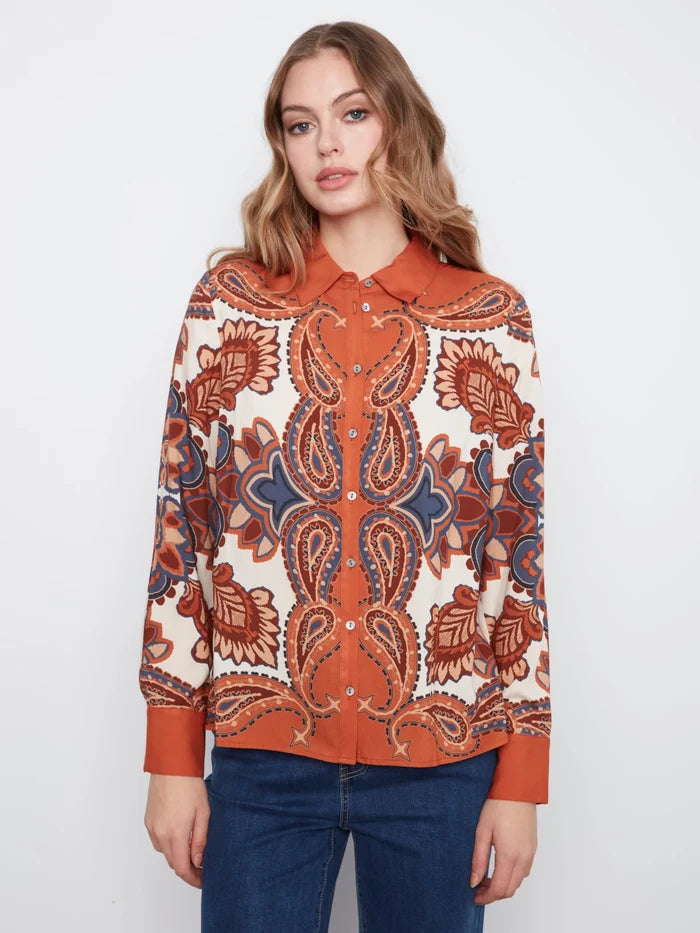 LS Print Button Up Blouse