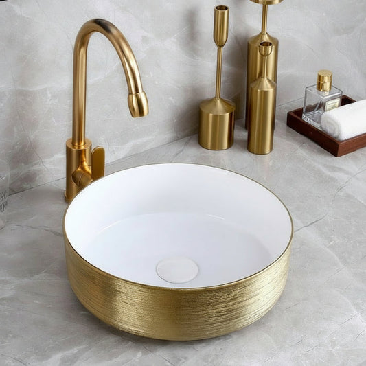 Luxury Brushed Gold Round Ceramic Bathroom Basin Countertop