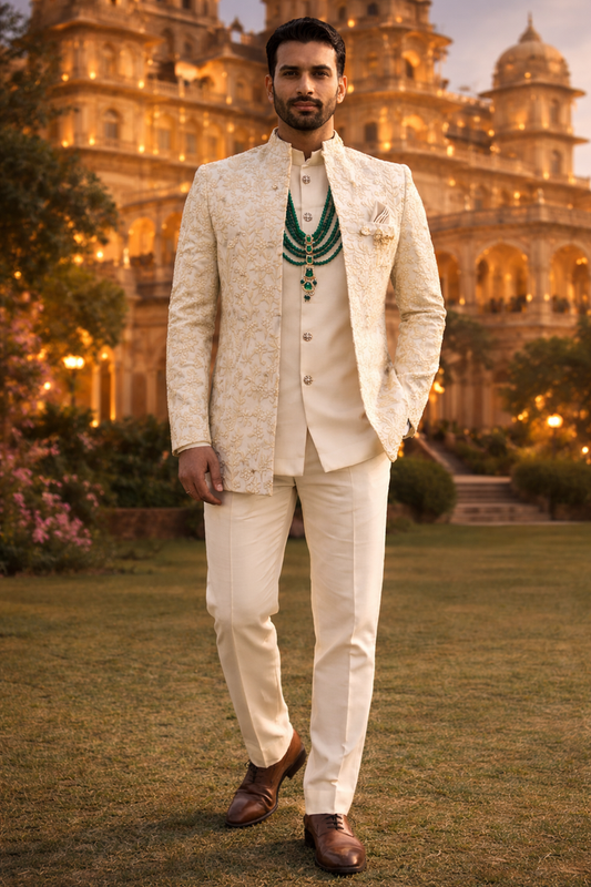 Men Cream Jodhpuri Tuxedo Set Silk Blend Fabric Ethnic Wear
