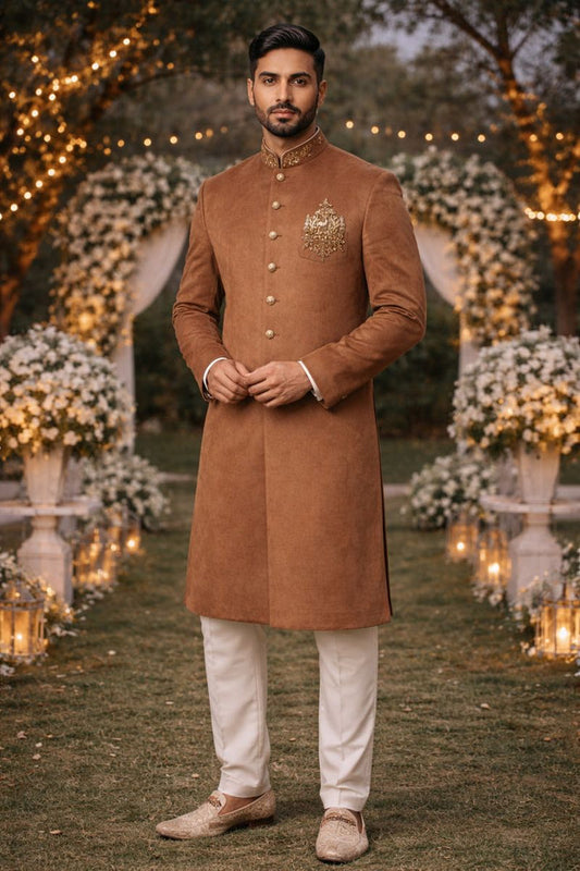 Men’s  Brown Minimalist Western Nawabi Sherwani