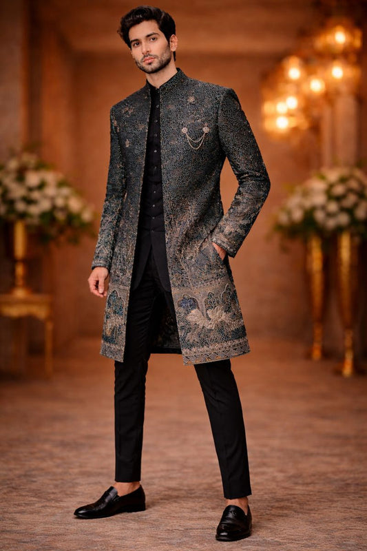 Men’s Midnight Blue Silk Blend Indo-Western Sherwani