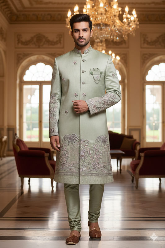 Men’s Mint Green Jacquard Silk Indo-Western Sherwani