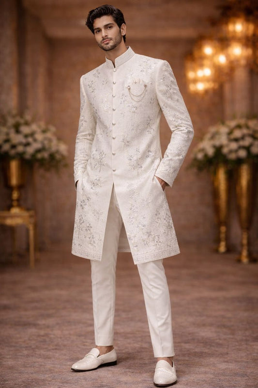 Men’s Off-White Silk Indo-Western Sherwani