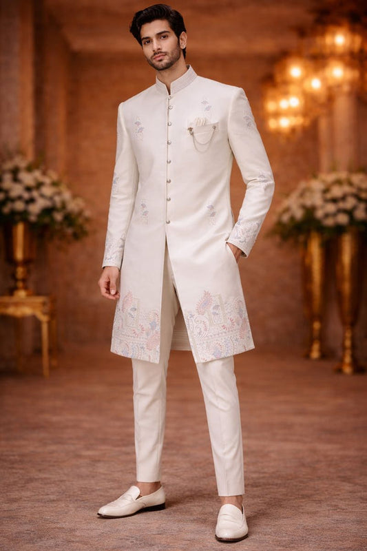 Men’s Pearl White Jacquard Silk Indo-Western