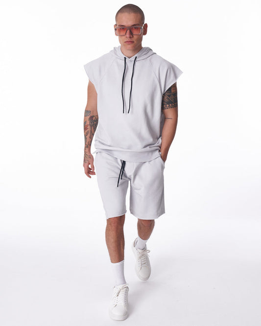 Martin Valen men's white sleeveless hoodie and shorts set, front mid-body view showing black drawcords