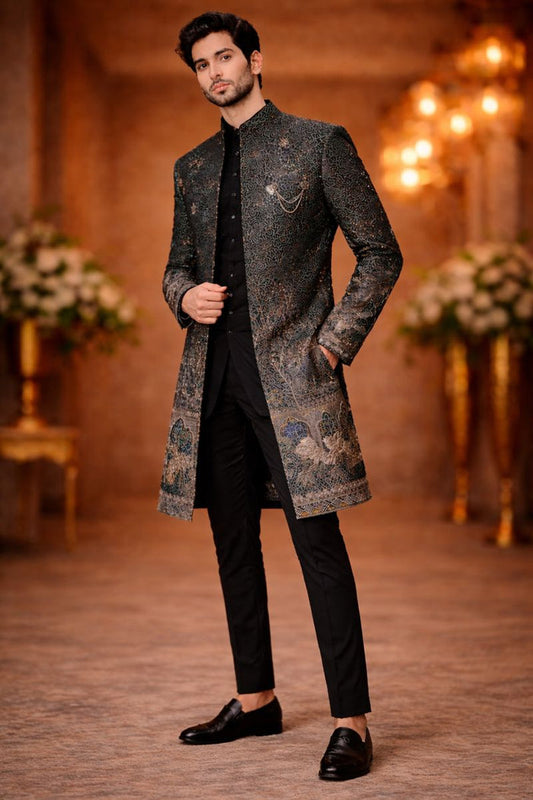Men’s Teal Green Embroidered Silk Indo-Western