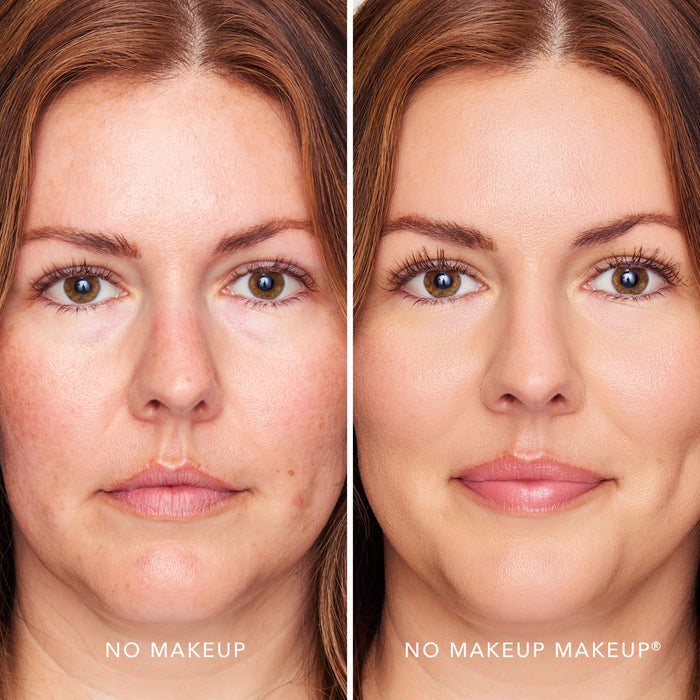 An image of a woman before and after applying FlexShade Foundation by No Makeup Makeup in Light Medium