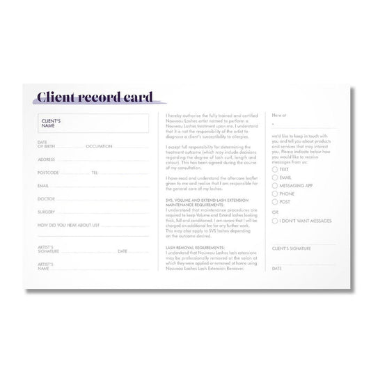 Nouveau Lashes Client Record Cards 100's
